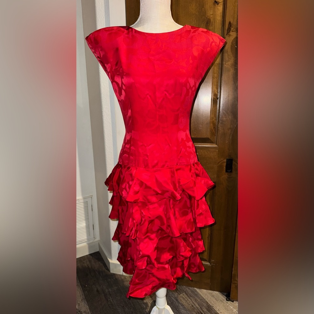 Vintage AJ Bari 80s 100% Silk Open Back Red Cocktail Dress
